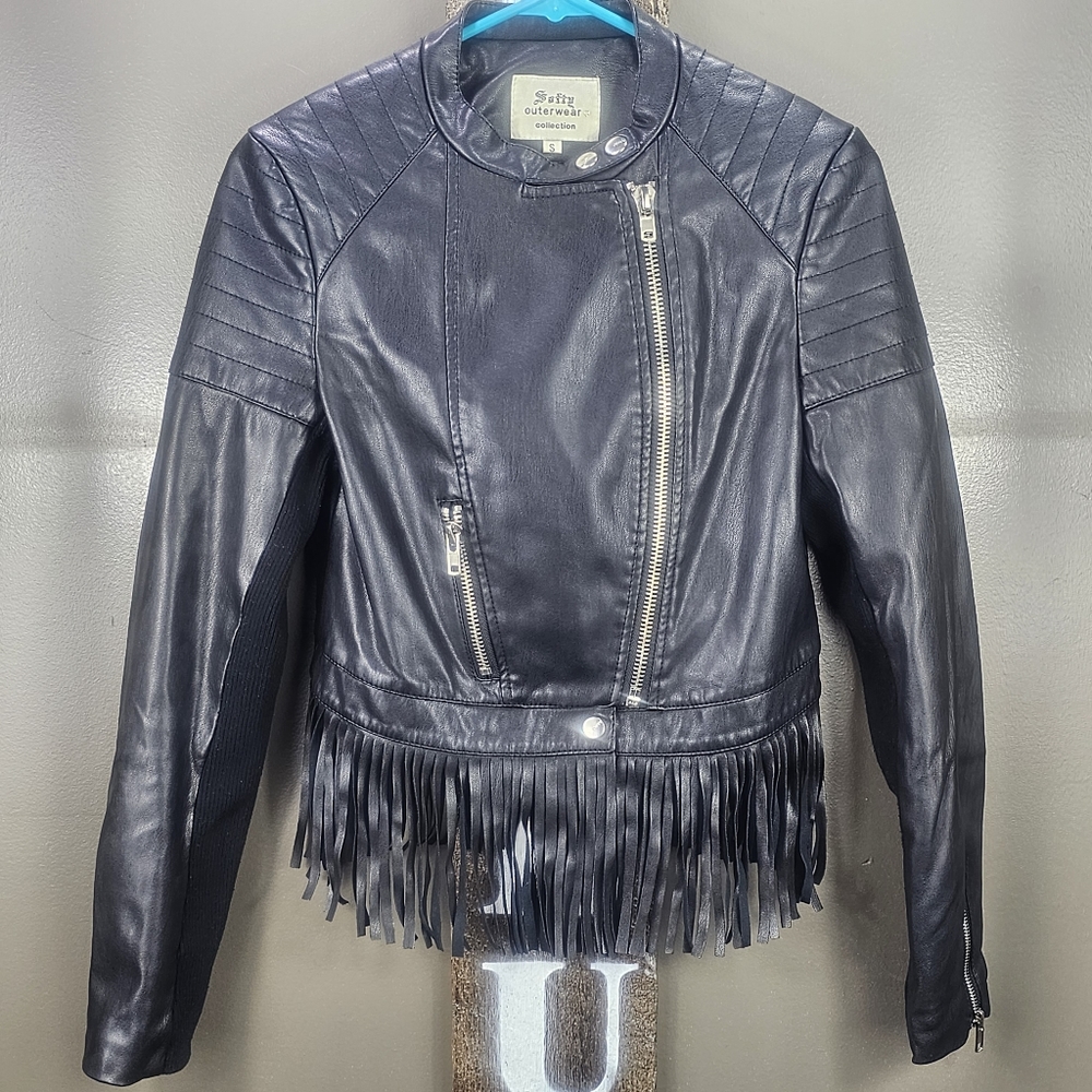 Softy Vegan Black Leather Fringe Biker Jacket Small